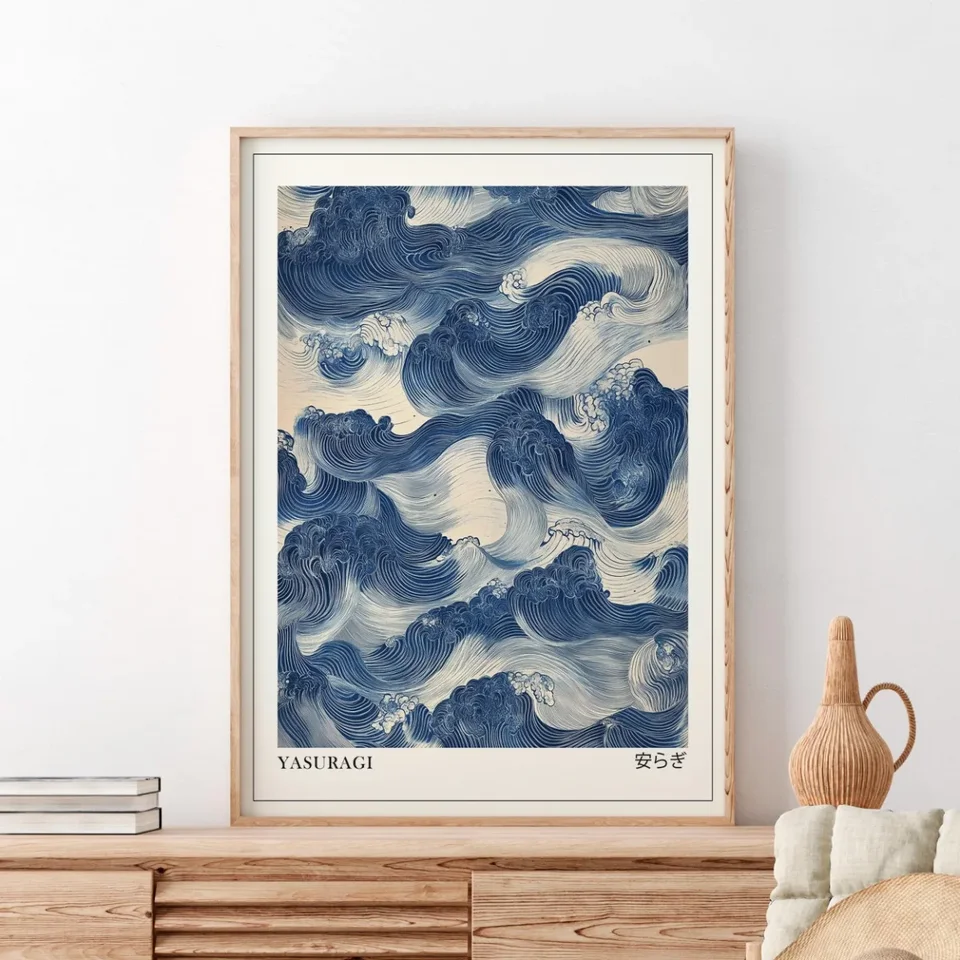 Japanese Retro Blue Wave Abstract Canvas Print Poster Modern