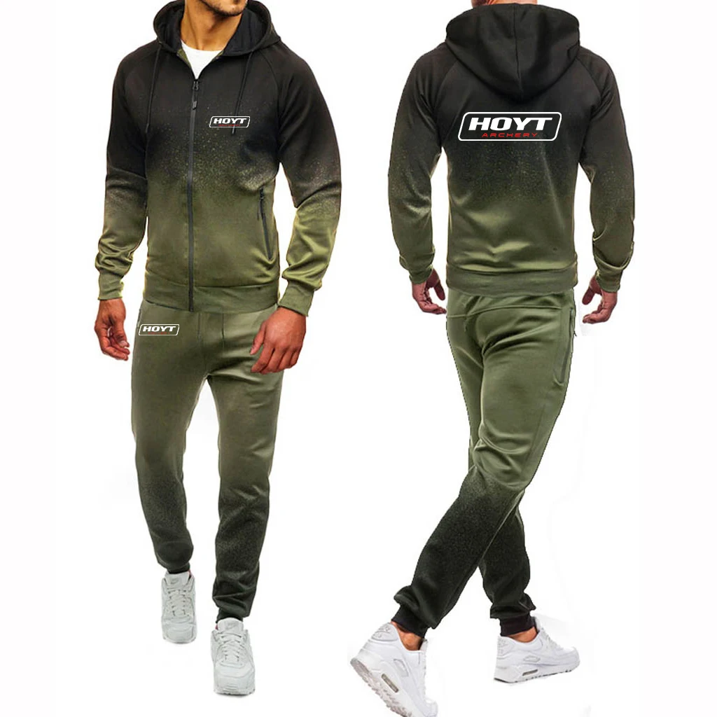 Hoyt Archery 2023 Men New Stly Fashion Comfortable Casual Gradient Color Set Hoodies Zipper Tops+Pants Two-Pieces Suits