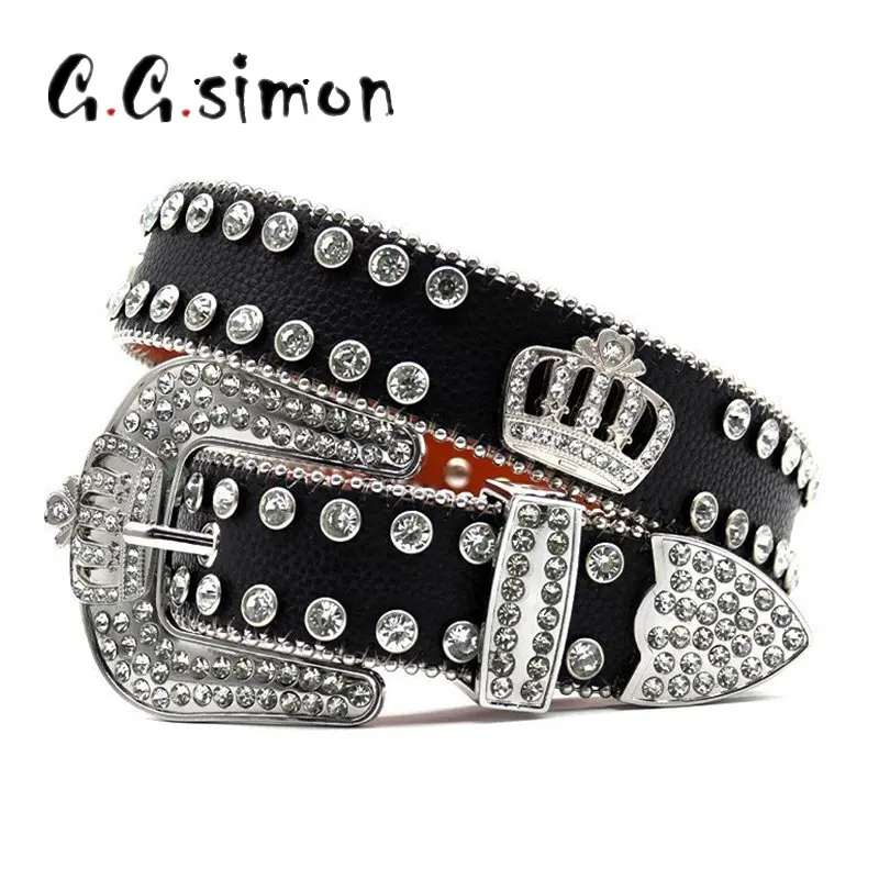 GGSIMON Punk Rhinestones Belt Luxury Strap Women Men Studded Diamond Bling  Cinturones Crown Belts Designer Belt For Jeans AS IMAGE 105CM