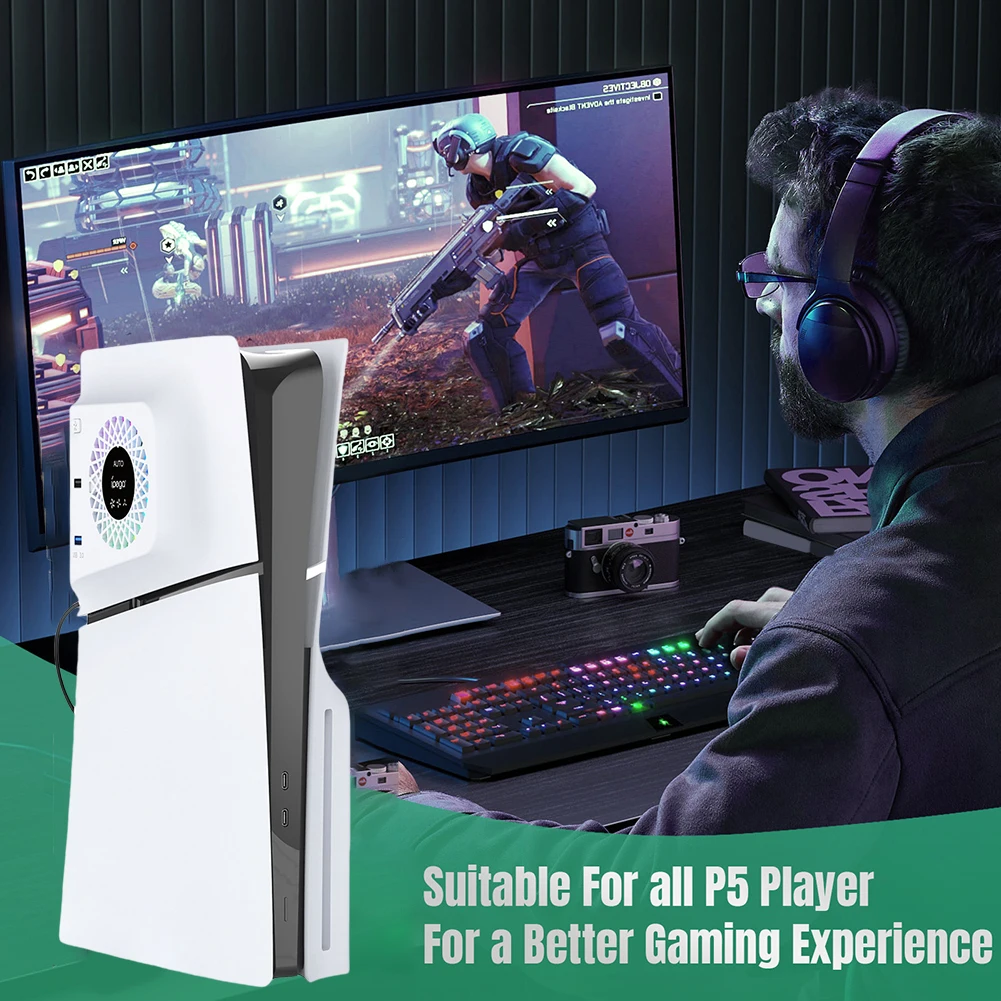LED 조명이 있는 측면 장착 냉각 선풍기, PS5 SLIM 게임 콘솔용 외부 장착 냉각 선풍기, USB 포트 2 개