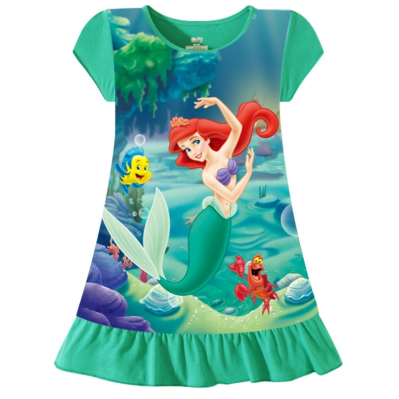 Summer Short-Sleeve Cartoon Anna Elsa Printing Sleepwear Mermaid Snow White Girls Nightgowns Children Party Dresses Pajamas 2-8T