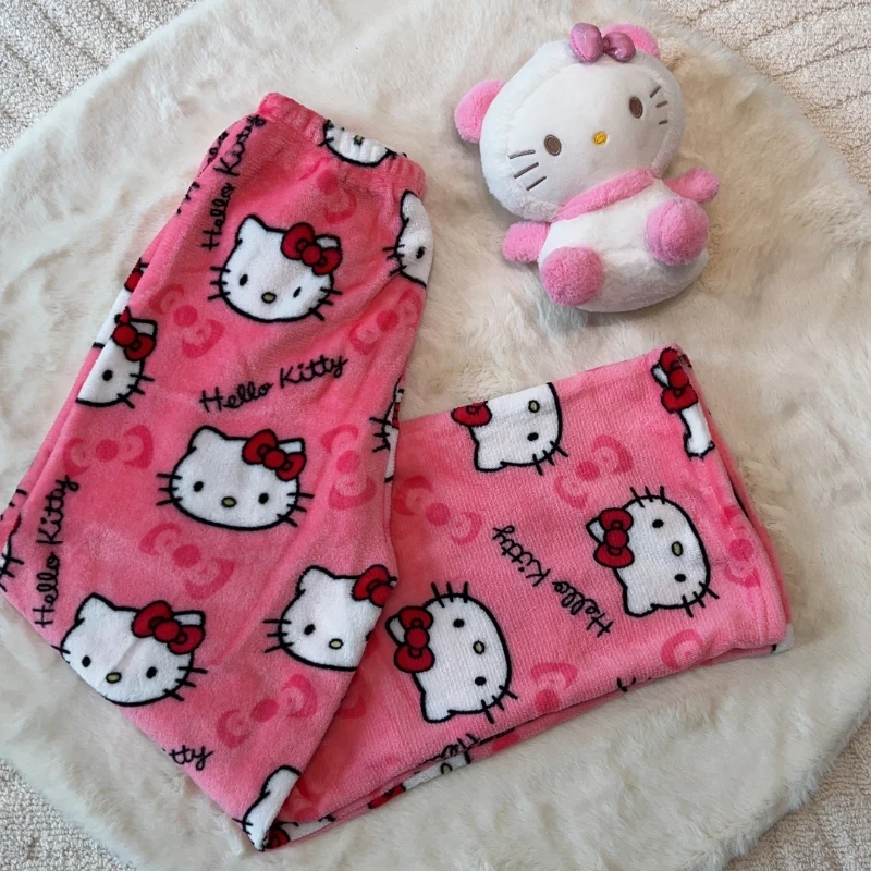 Kawaii Sanrio Hellokitty Cartoon Pajama Y2K Women Fall/winter Fluffy Warm Granny Trousers Fashion Loose Household Apparel images - 6