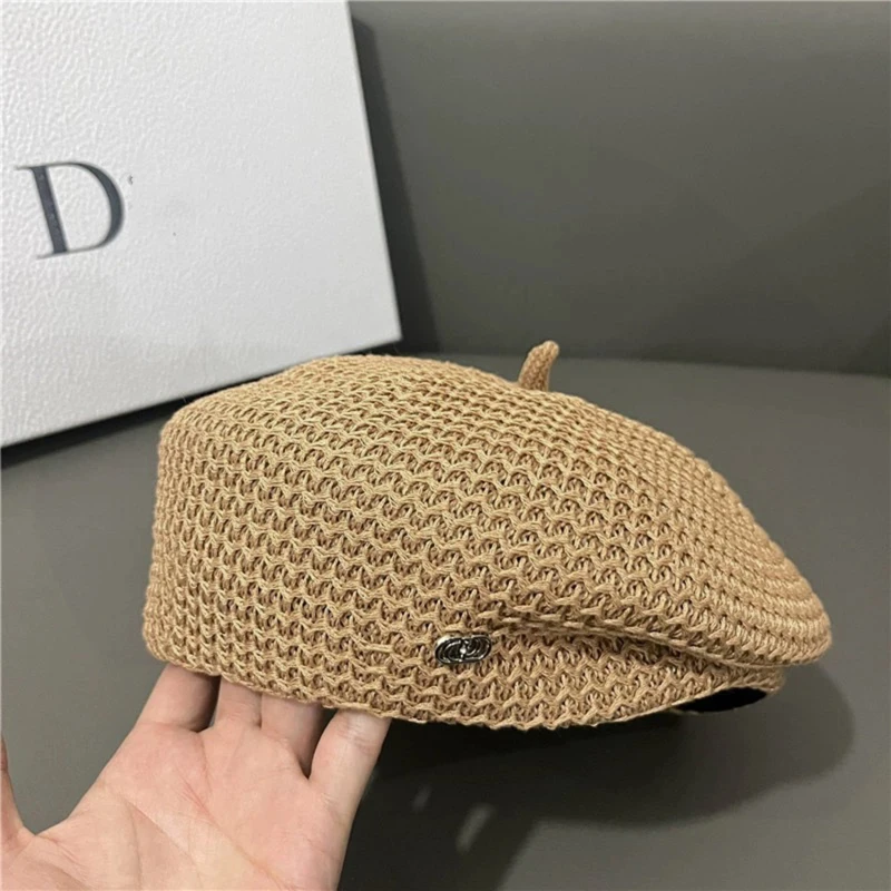 Hot Sale Women Fixed Pleated Paper Straw Beret Summer Milk Silk Knit Breathable Big Artist Fashion Painter Hat_voghion.com
