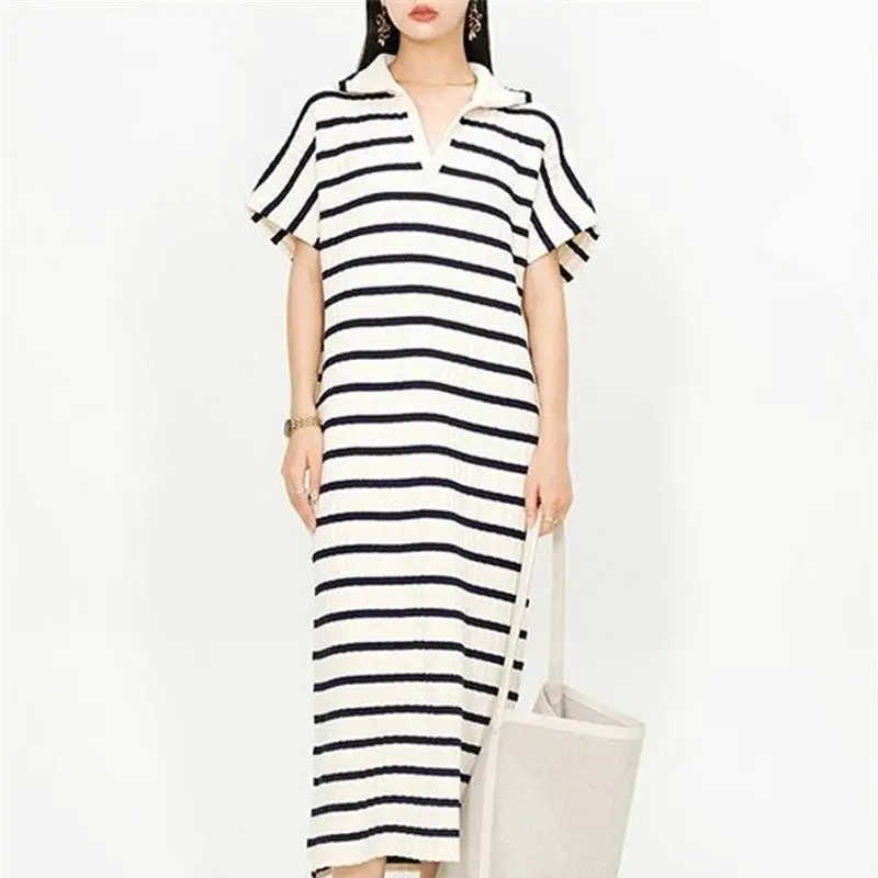 

Платье-Поло женское трикотажное в полоску, модное свободное повседневное длинное винтажное прямое платье средней длины с коротким рукавом, в Корейском стиле, на осень