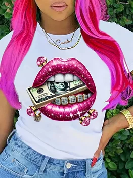 Beautiful Lips and Diamonds Printed Short-Sleeved Women's T-Shirt Casual Crew Neck Top for Spring and Summer Novelty Clothing 1