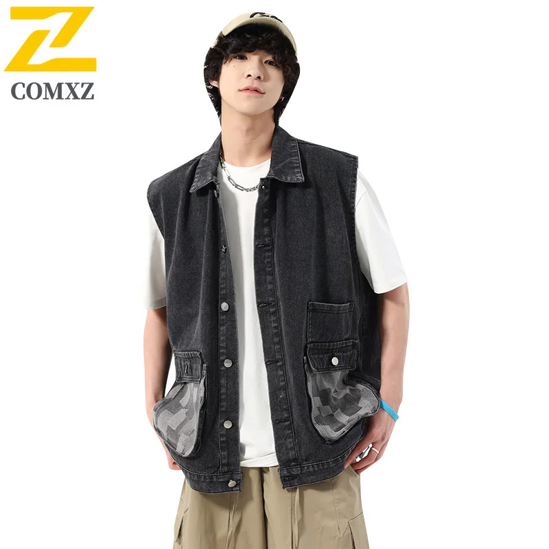 EiAO Japanese Style Denim Vest  All seasons  Water-Resistant Windproof Streetwear Outdoor Camping Fishing washable Work Jacket
