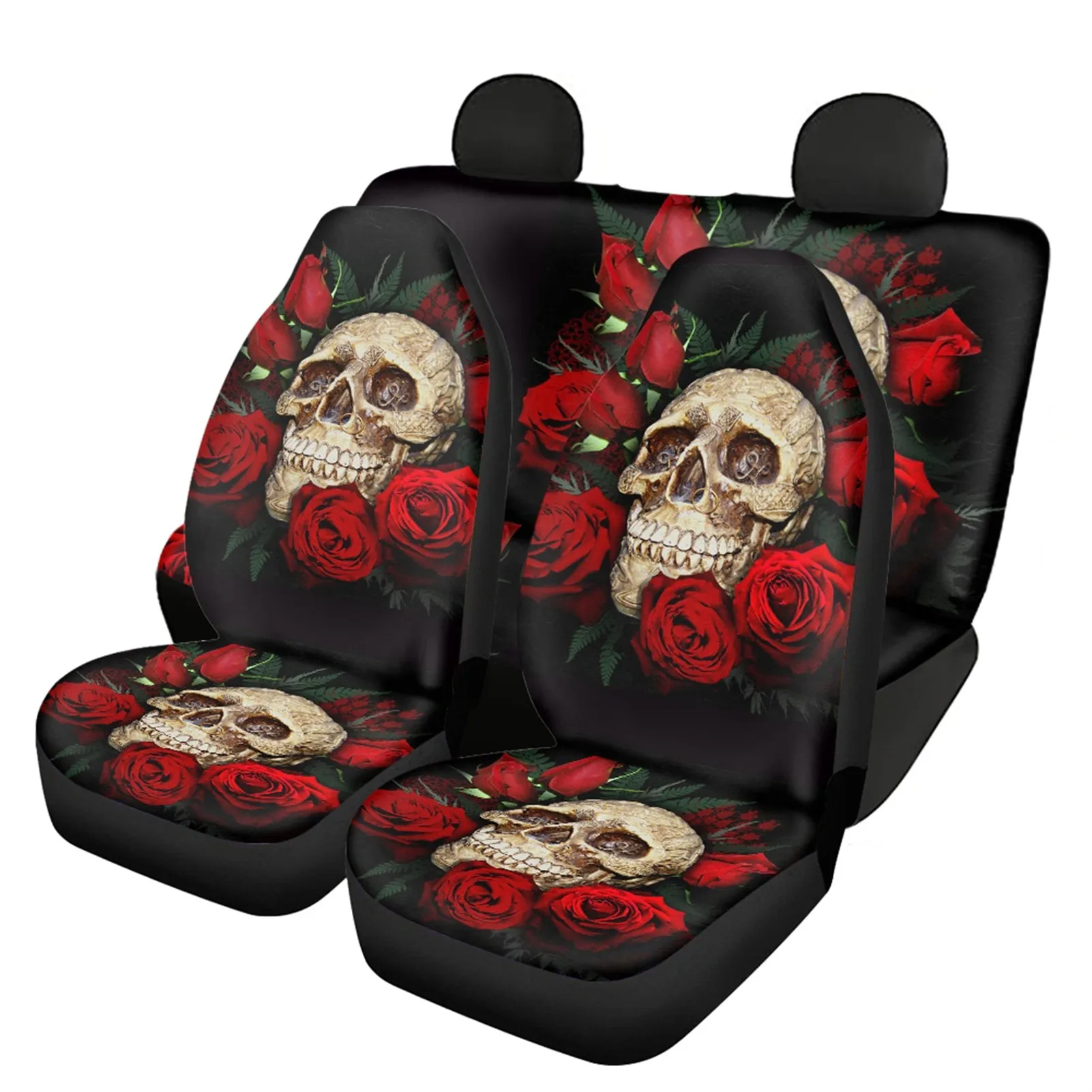 

INSTANTARTS Car Seat Covers Set of 4 Gothic Skull Rose Design Front and Rear Seat Covers Durable Universal Fit Car Accessories