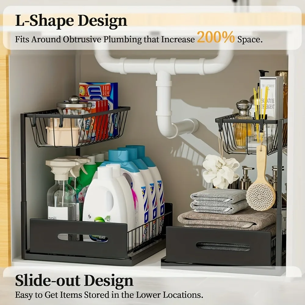 Under Sink Organizers, Metal Pull Out Under Sink Organizers,Storage Shelves with Sliding Drawer,Under Sink Storage for Kitchen