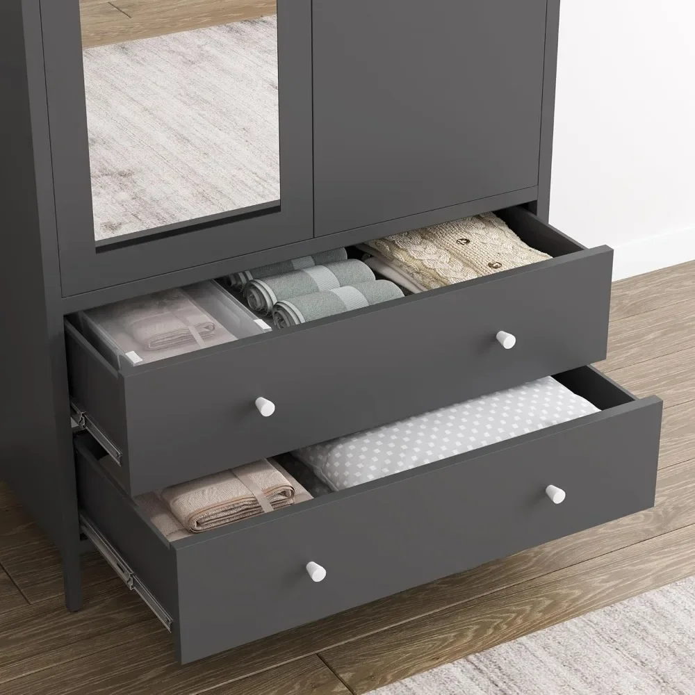 Metal Armoire Wardrobe Closet with 2 Drawers, Mirror Door and Hanging Rod, Metal Clothing Storage Cabinet, Wardrobes 3