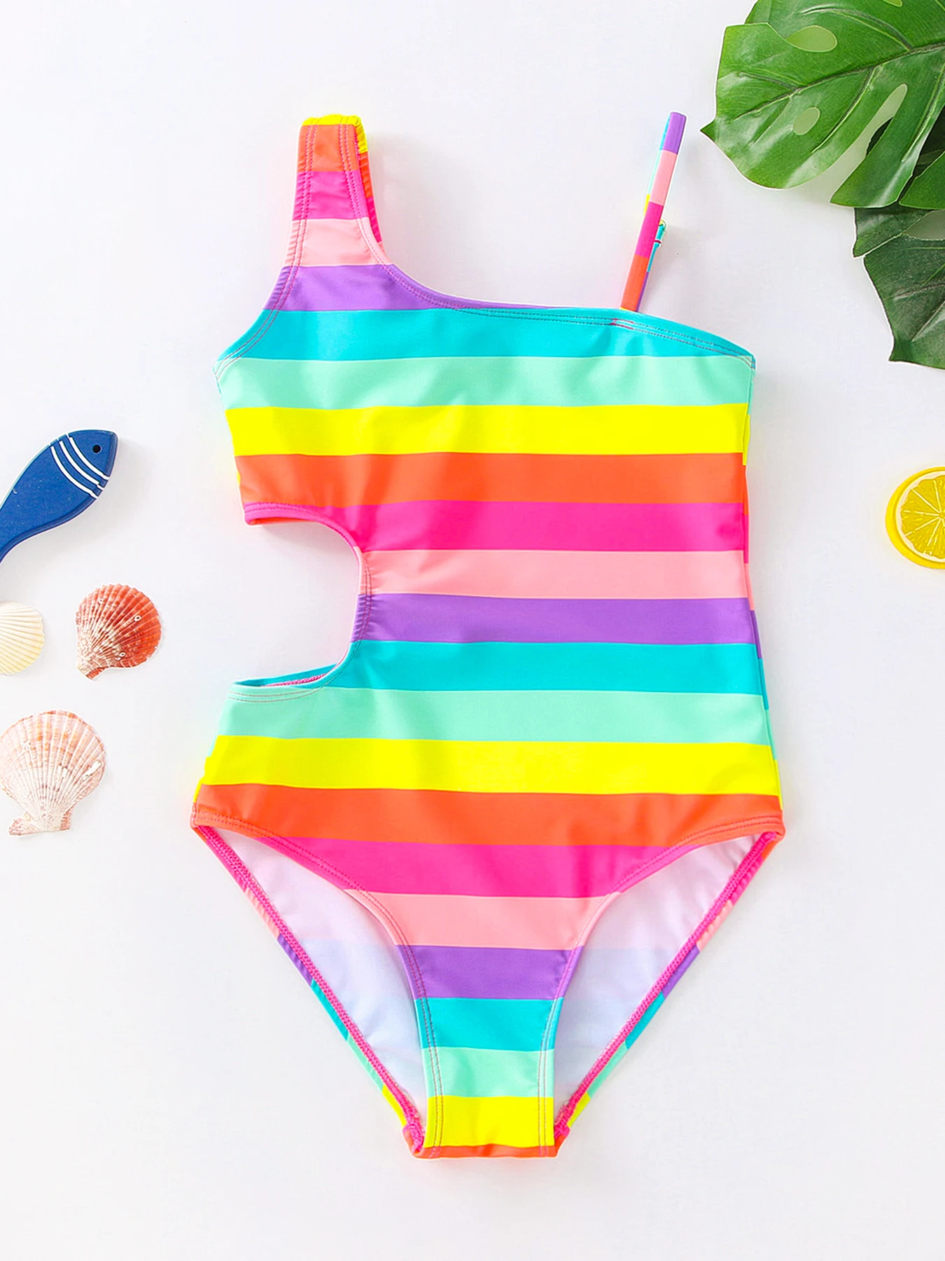 One Piece Swimsuit One-Shoudler Rainbow Stripes Girls One-Piece Swimsuit