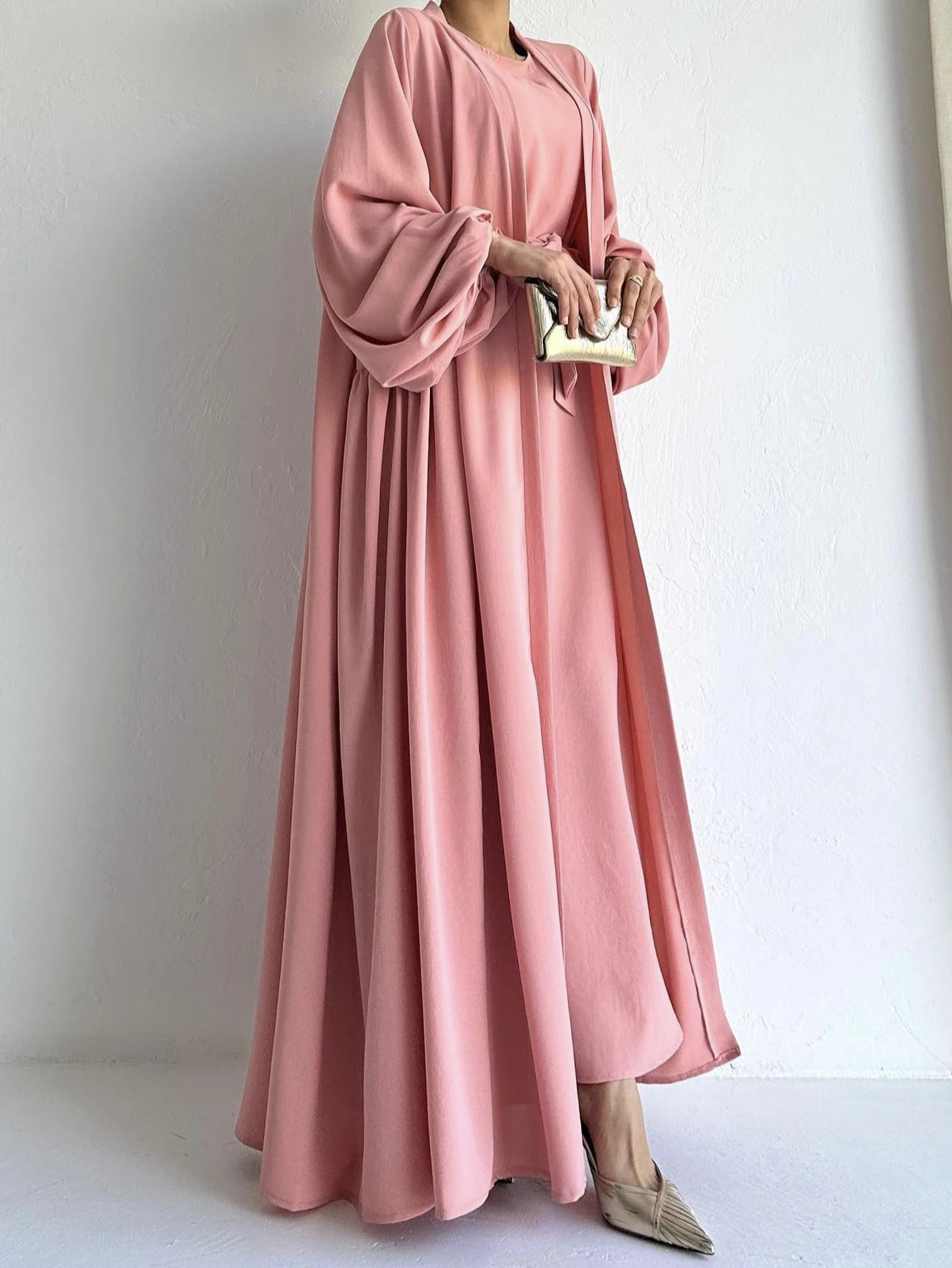 Abaya Ramadan Elegant Solid Two-piece Set Dress, Open Front Coverup & Tie Waist Abayas Outfits, Islam Women's Clothing Kaftan