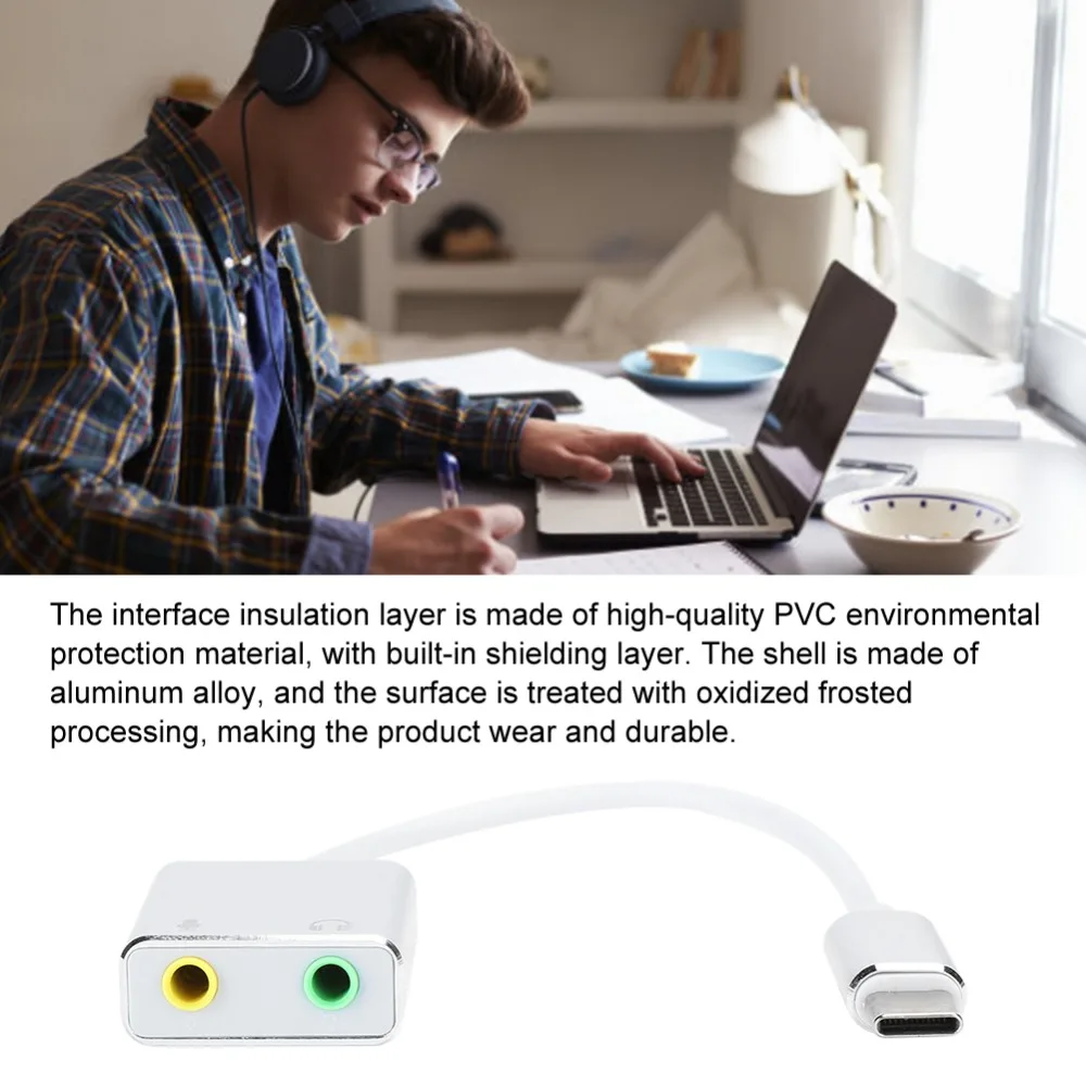 7.1 채널 USB 사운드 카드 3.5mm 여성용 알루미늄 합금 Type-C - 3.5mm 오디오 어댑터 드라이브 없이 플러그 앤 플레이 가능