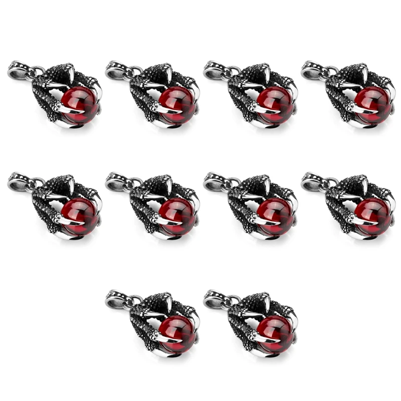 

10X Stainless Steel Pendant Necklace CZ Red Dragon Claws Bead Gothic Men ,23 Inch Chain