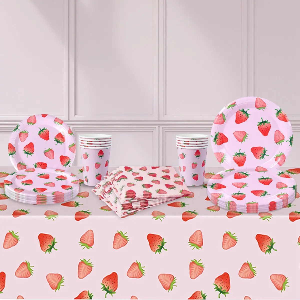 Strawberry Party Disposable Tableware Sets Picnic Pink Fruit Tool Gril Birthday Party Decorative Dessert Plastic Tableplates