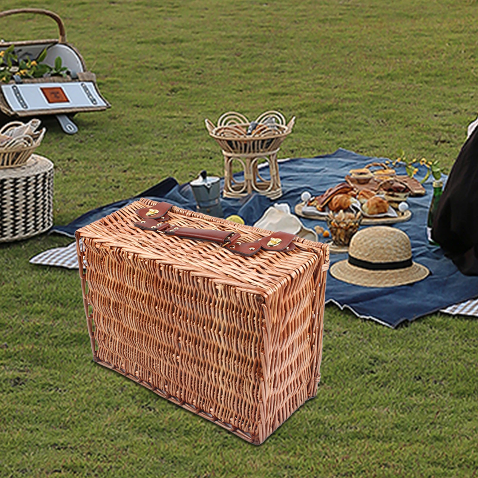 4 Person Insulated Picnic Basket Set Wicker Basket with Picnic Ware Set for Fruits Beverages Storage Camping Outdoor 3