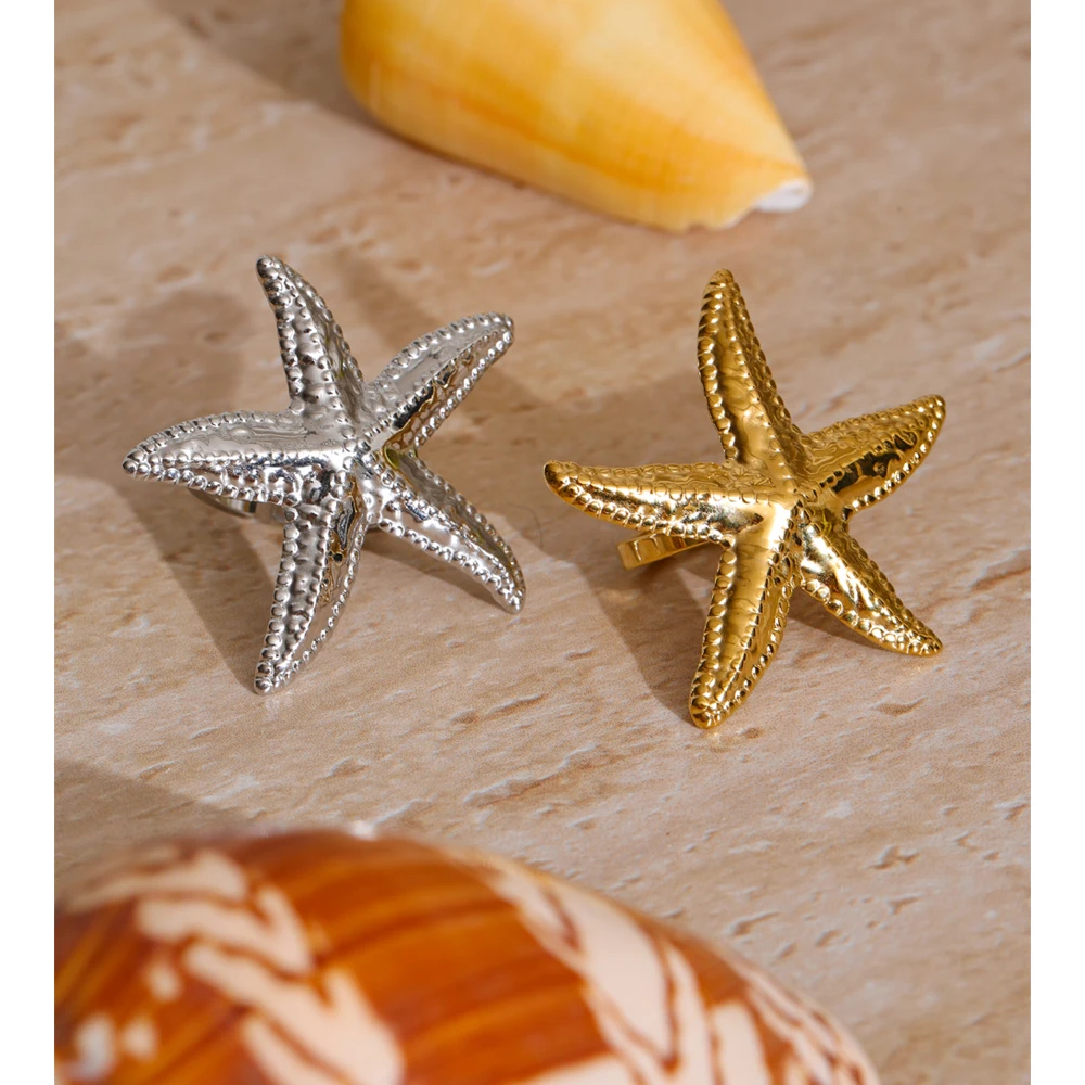 Yhpup Summer Stainless Steel Hammer Metal Starfish Adjustable Ring