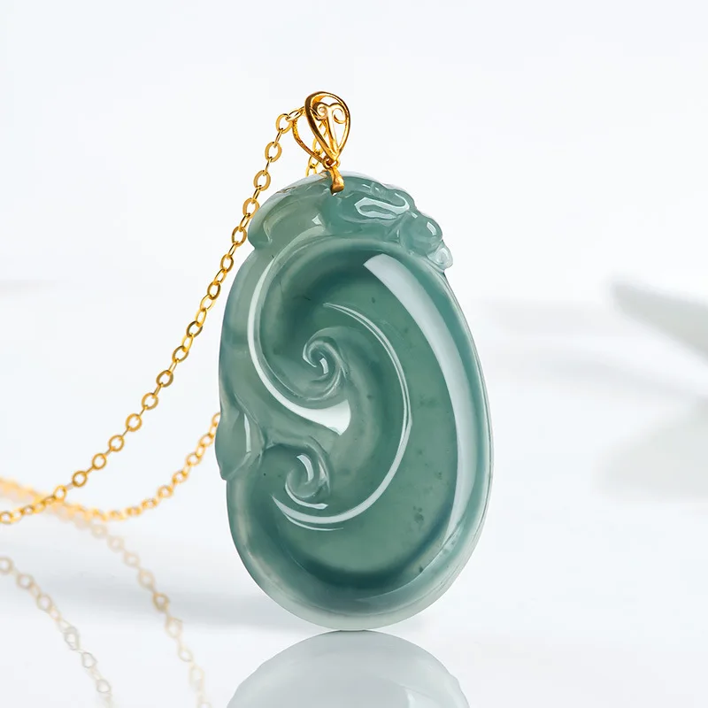 

Natural A-grade Jade Blue Water Ruyi Pendant 18K Gold Inlaid Ice Jadeite Charms Flower Pieces For Women's Gifts Drop Shipping