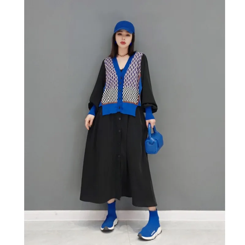 

2023 Spring Autumn Casual Single-breasted Dress Black Fashion V-neck Dress