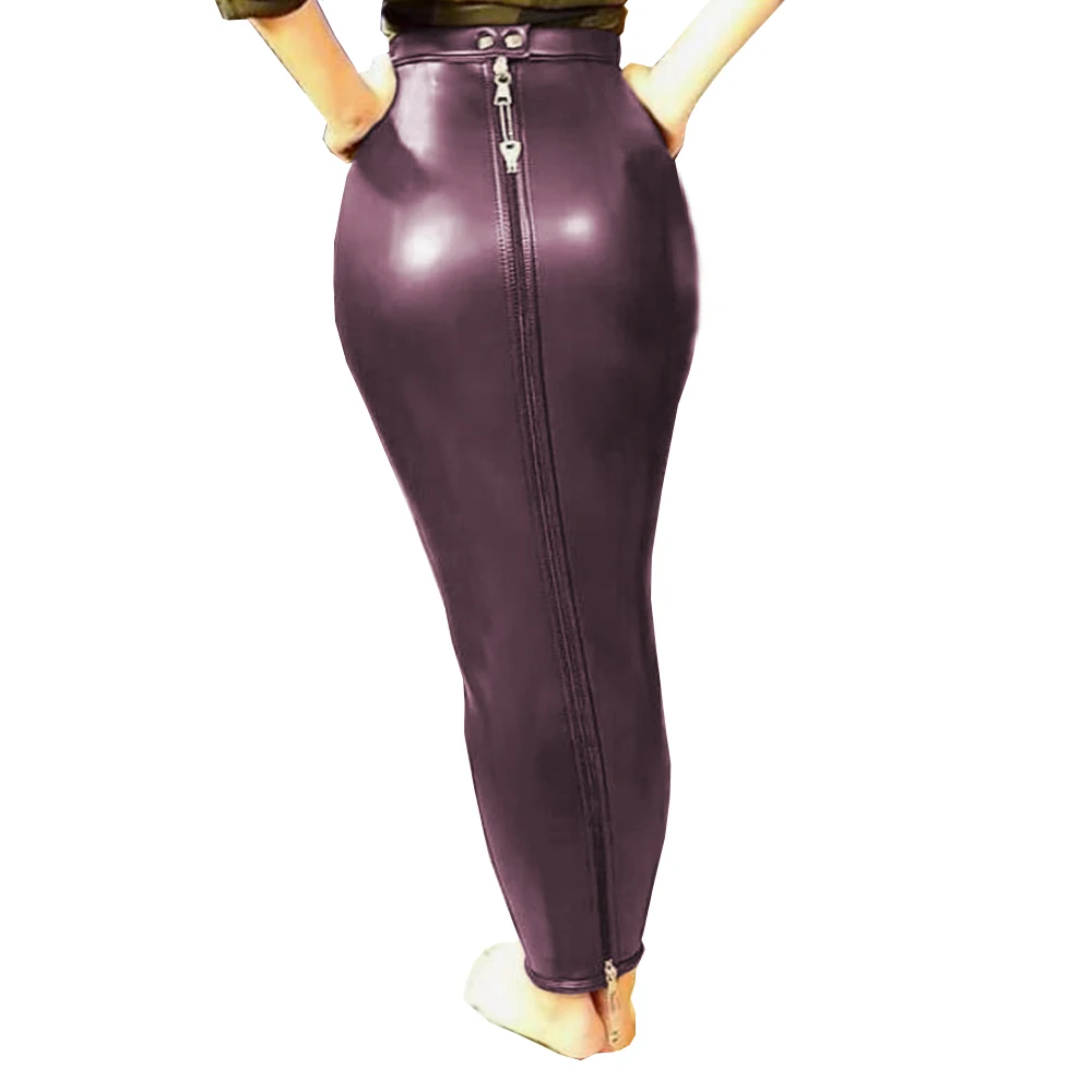 Sexy Women PU Leather High Waist Full Zip Lockable Sissy