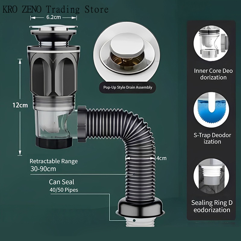 🔝Flip Top Anti-Odor Drain Pipe Set Kitchen Sink Drain Retractable Deodorizing Filter Flexible Downspout Bathroom Anti Clogging✨