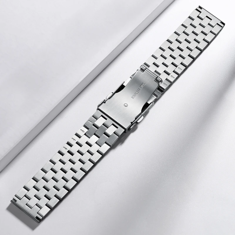 22mm luxury Casual Men's Universal Watch Strap Classic Waterproof Silver Stainless Steel Strap Safety Folding Buckle Wrist Strap
