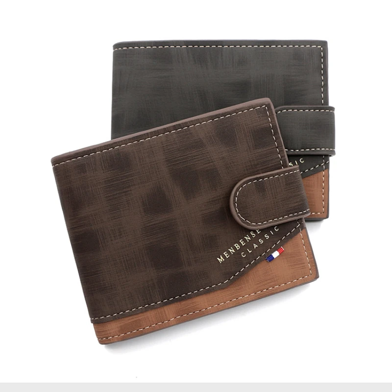 New pattern Men's wallet Korean version gold stamping printing short style buckle hinge three fold bag frosted men's wallet