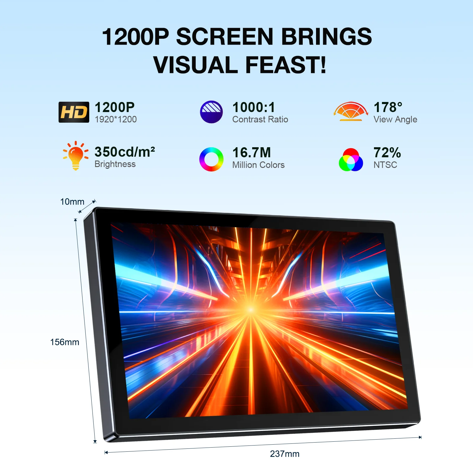 10.1인치 얇은 휴대용 모니터 1920*1200 HD 60Hz 터치 모니터 타입-C HDMI 아이폰 PC 맥용 세컨드 스크린 터치스크린 디스플레이