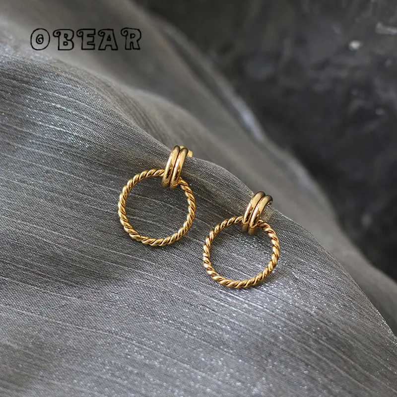 

Waterproof Stainless Steel Roman Twist Circle Earrings Personalized Metal Texture Charm Fashion Golden Jewelry for Women