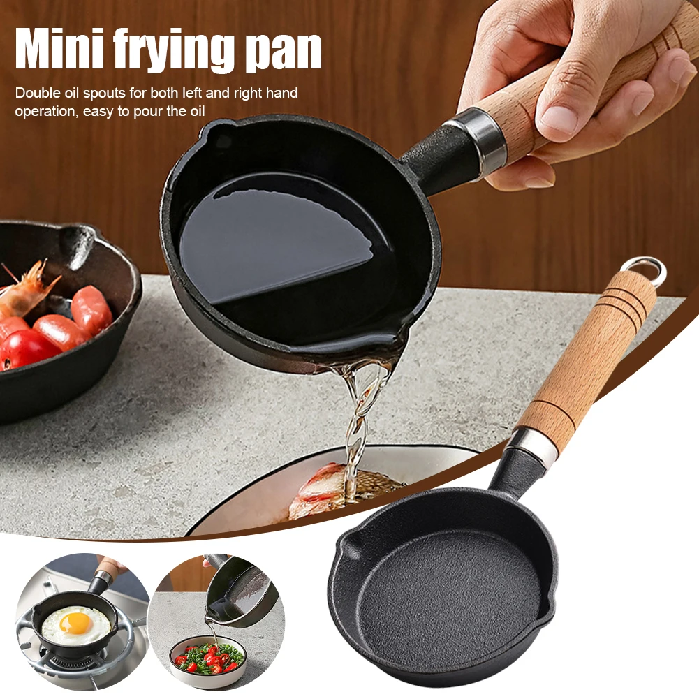 

Mini Cast Iron Frying Pan Non-stick Omelette Egg Dumpling Pan with Anti-scald Wooden Handle Hot Oil Pot Kitchen Cooking Utensils