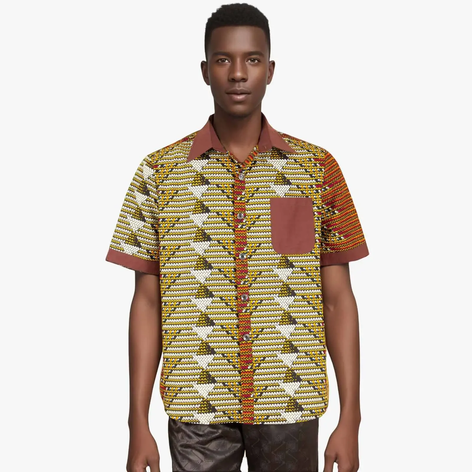 Men African Short Sleeve V-neck Casual Blouse Dashiki Top Ankara Attire Traditional Clothing Plus Size A2312004