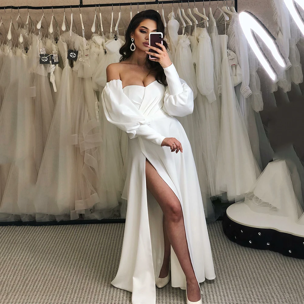 

Doymeny Elegant Sweethearts Side Split Wedding Dresses Modern Puff Sleeves Women Bridal Gowns Satin Robe De Mariéé Custom Made