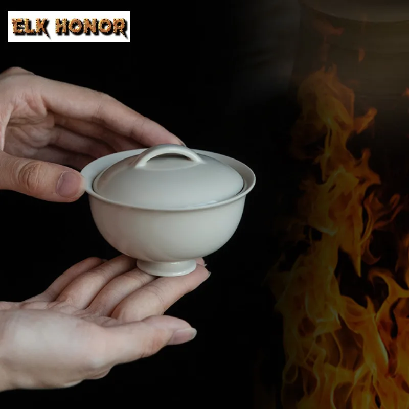 80ml Plant Ash Covered Bowl Zen Ceramic Tea Tureen Boutique Anti-scald Gaiwan Zen Tea Bowl Making Cover Teaware Gift