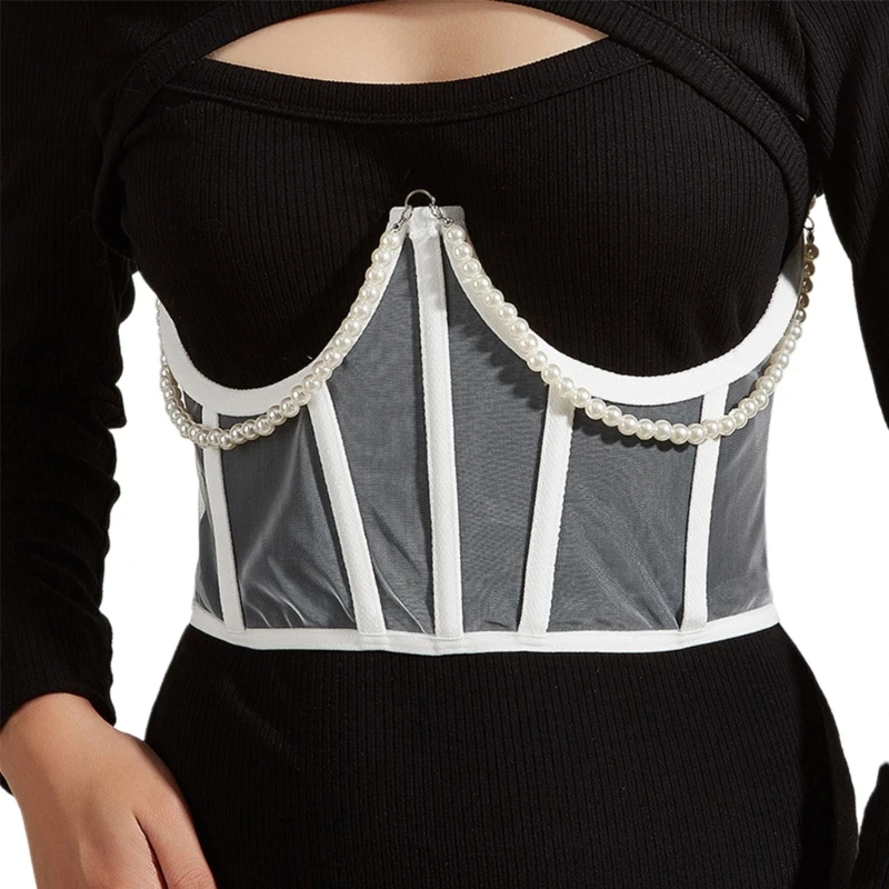

40GC Sexy Women Corset with Dangle Pearl Chain Woman Lace Slimming Wrap Supplies