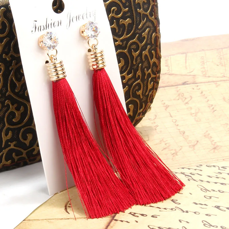 Bohemia Tassel Drop Earrings For Women Trendy Ethnic Crystal Silk Fabric Long Dangle Earring Female Fashion Party Jewelry