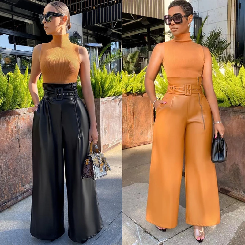Fashion INS style PU leather pants nightclub metal belt wide leg pants party party high waist pants