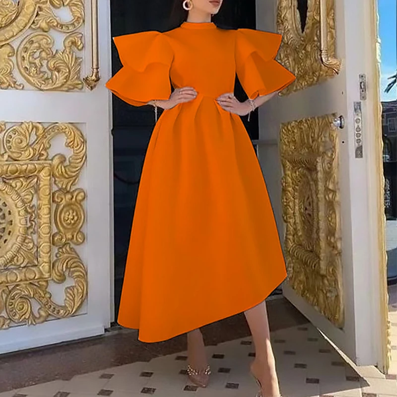 

Casual Solid Color Pleated A-line Dress Elegant O-neck Butterfly Sleeve Party Dress 2023 Women Fashion High Waist Commuter Dress