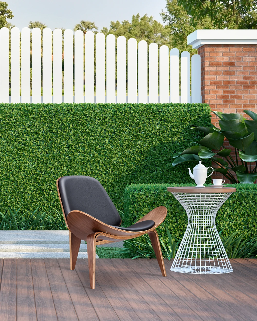 A Nordic garden with a black three leg chair.