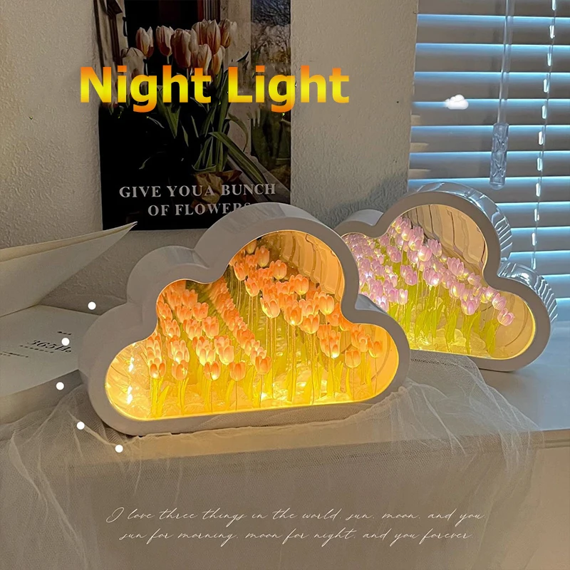 

Cloud Mirror Tulip Lamp DIY Night Light Girl Bedroom Ornaments Creative Photo Frame Mirror Table Lamps Bedside Handmade Birthday