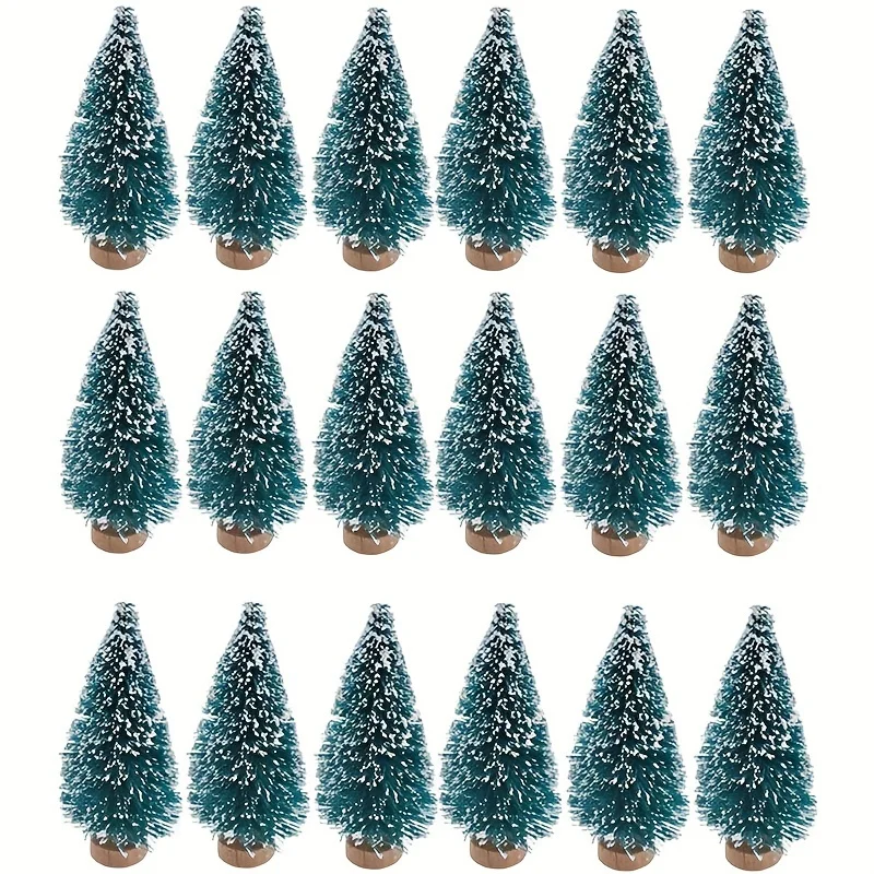4 Mini Alberi Di Natale In Sisal Con Effetto Neve E Base In Legno, Altezze 10-25 Cm, Decorazione Natalizia