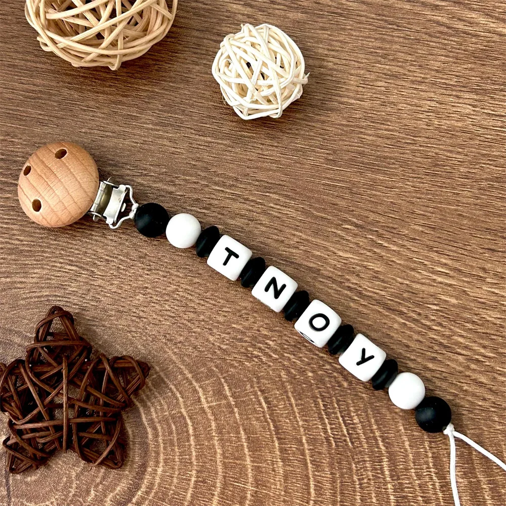 Personalized Name Pacifier Chain with Wooden Clips & Silicone Colorful Beads