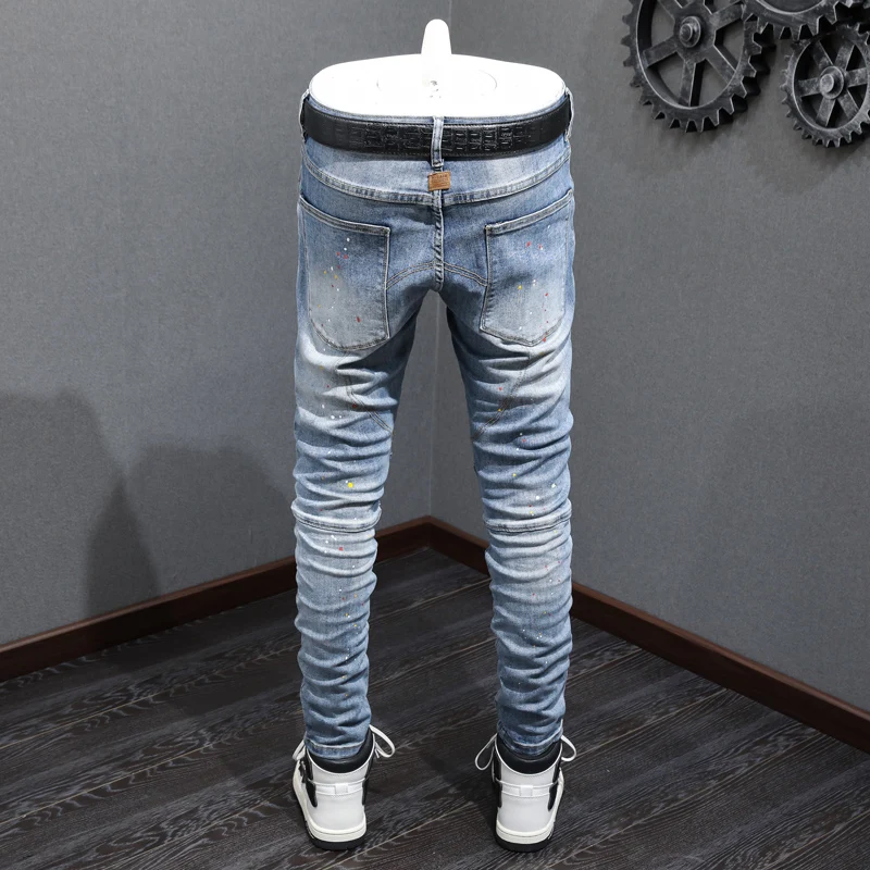 Street Fashion Men Jeans Retro Light Blue Elastic Stretch Skinny Fit Patched Biker Jeans Painted Designer Hip Hop Pants Hombre