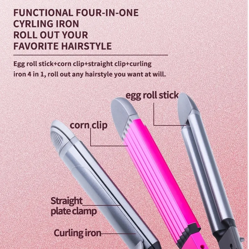 Kemei 4 in 1 Hair Straightener Crimper Hair Wand Curler Flat and Curling Iron Women Styling Waver Adjustable Temperature