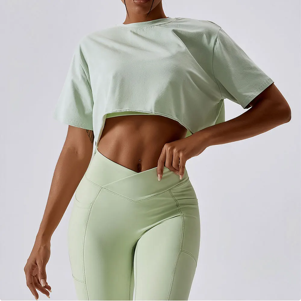 

New Casual T-shirt Cotton Women Short Sleeve Dance Sports Running Clothes Yoga Fitness Crop Top Loose Gym Workout Shirts