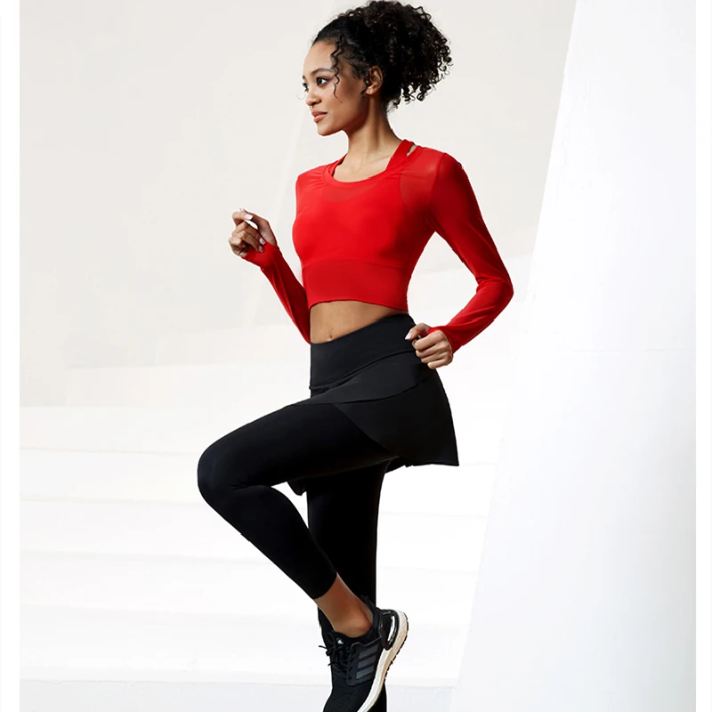 Women 2 in 1 Long Sleeve Cross Back Yoga Shirt Workout Gym Sport Tops Translucent Mesh Breathable Running Wear With Chest Pad