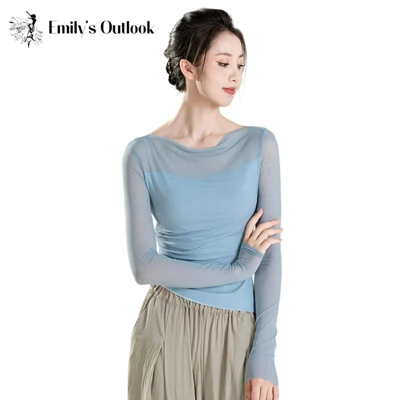 Blue Long Sleeve Practice Clothes Gauze Round Neck Sexy Classic Top For Dancing Chinese Traditional Folk National Body Rhyme