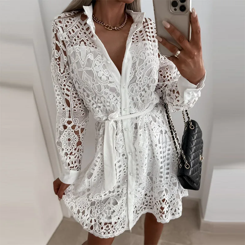 Sexy Women Lace Hollow Out Shirt Dress of Femmer Turn-down Collar Soid Party Dress Vintage Office Lady Ruffle Beach Dresses Robe purple dress Dresses