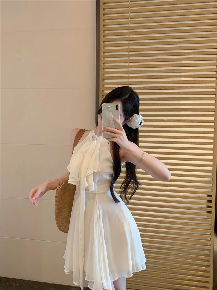 Elegant Halter Ruffles Short Dresses for Women Diamond Sleeveless A-line Sexy Evening Party Dress Prom Korean Chic Vestido Mujer