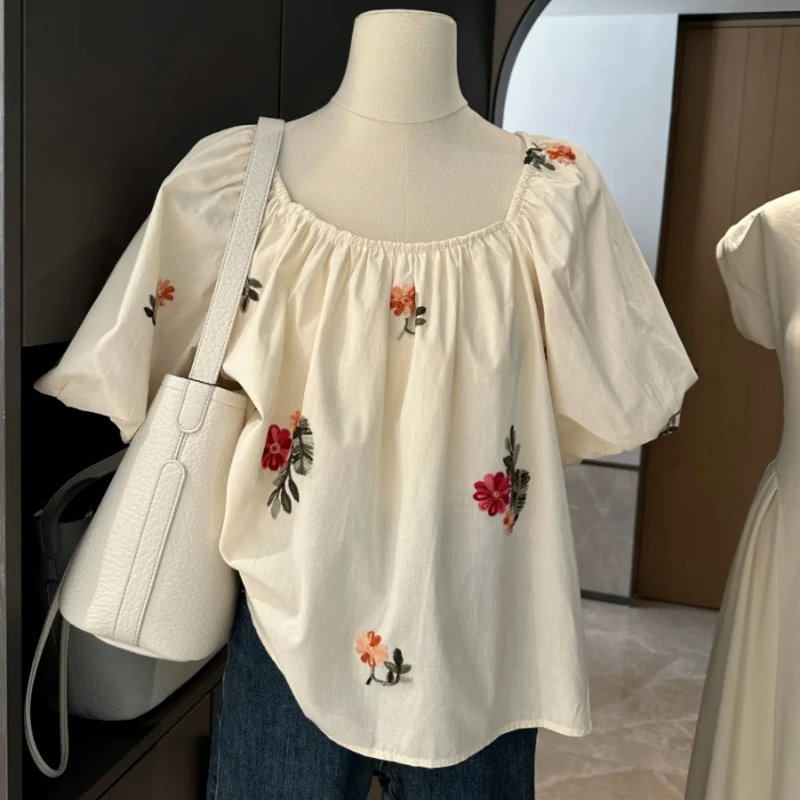 

Embroidery Chiffon Women Blouse Summer New Design 2023 Slash Neck Puff Sleeved Loose Elegant Female Pulls Tops