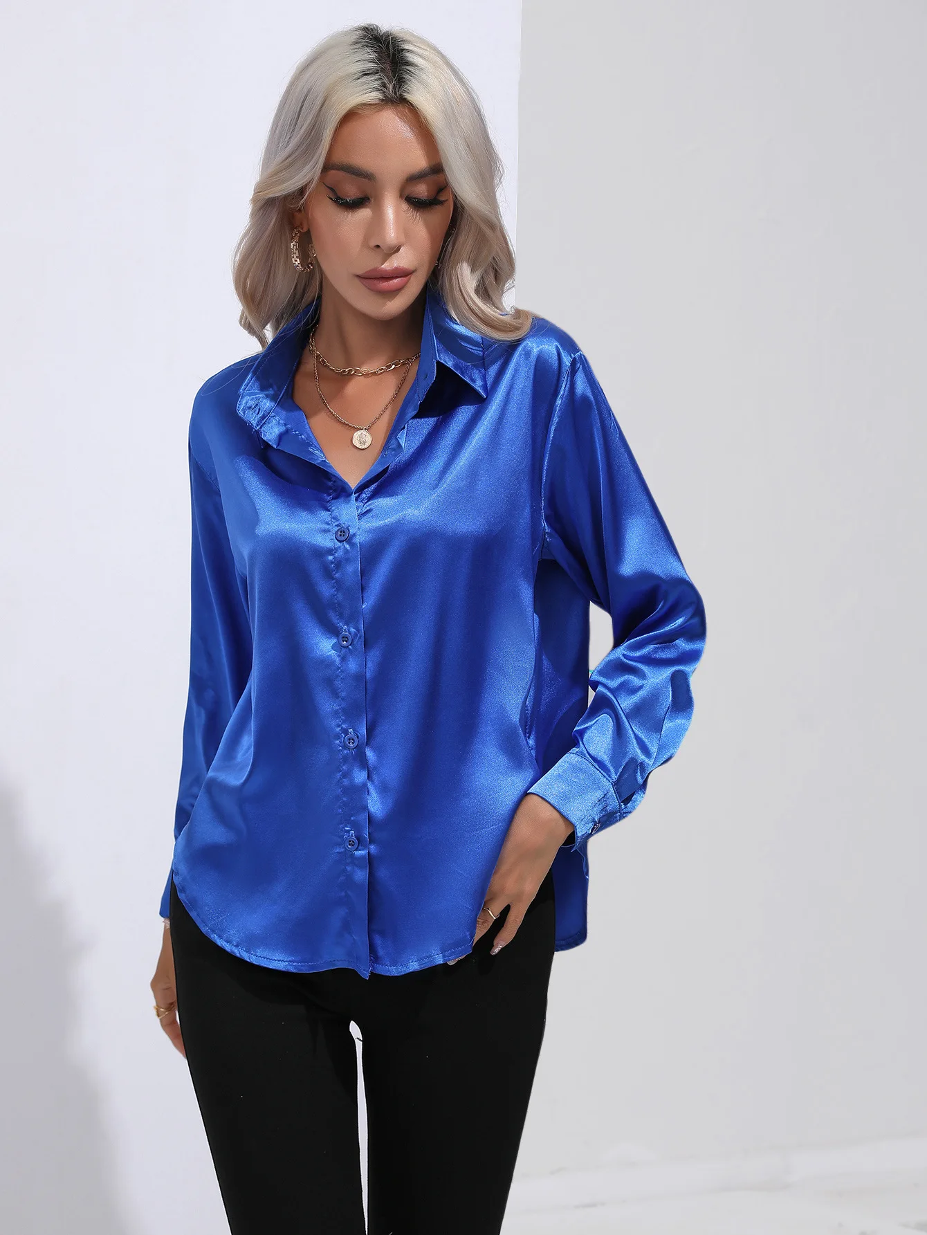 Camisas de satén de manga larga para mujer, para oficina, para mujerjavascript: