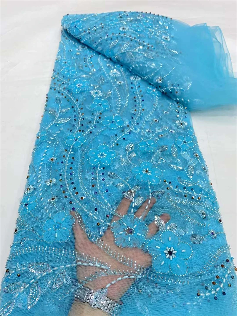 

African Handmade Beaded Tulle Lace Fabric, 3D Sequins, French Luxury Fabric, Bridal Wedding Party Dress, High Quality, 2024